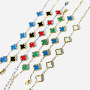 18k Gold Plated Clover Flower Stainless Steel Bracelet Black Blue Green